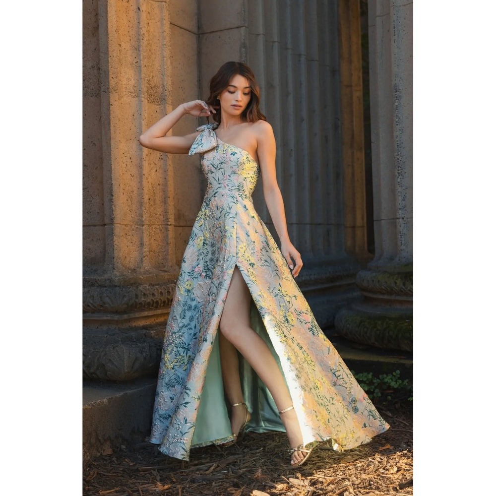 Mac Duggal One-Shoulder Floral Gown in Pastel Green and Pink - Picture 9 of 16